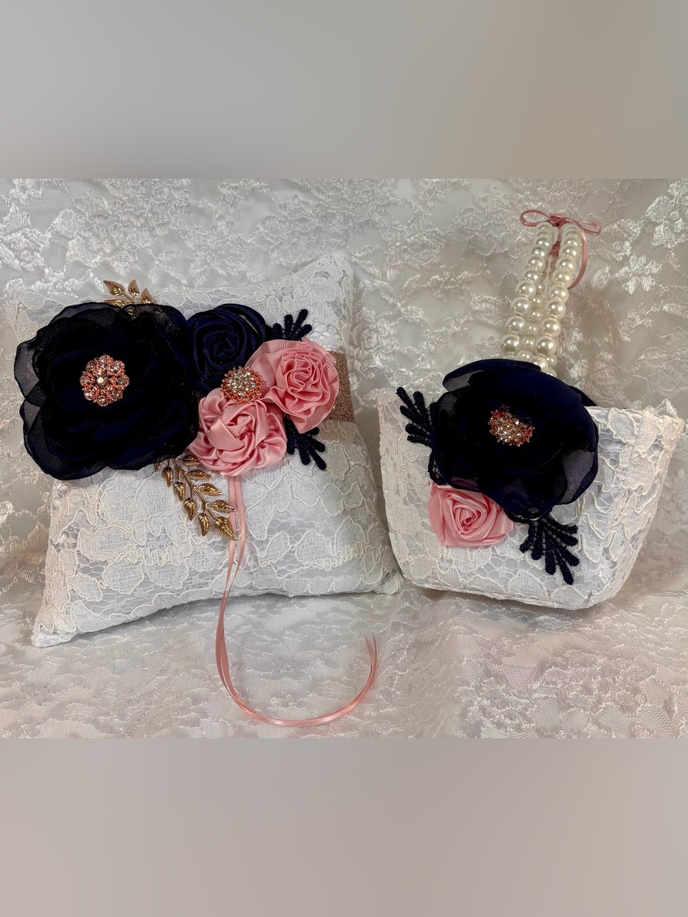 🩷 Handmade Navy Blue, Pink and Rose Gold Gold Pillow and Flower Basket Set